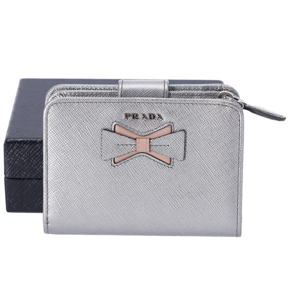 PRADA Bifold Wallet 1ML018 Silver Pink Bow Saffiano Leather